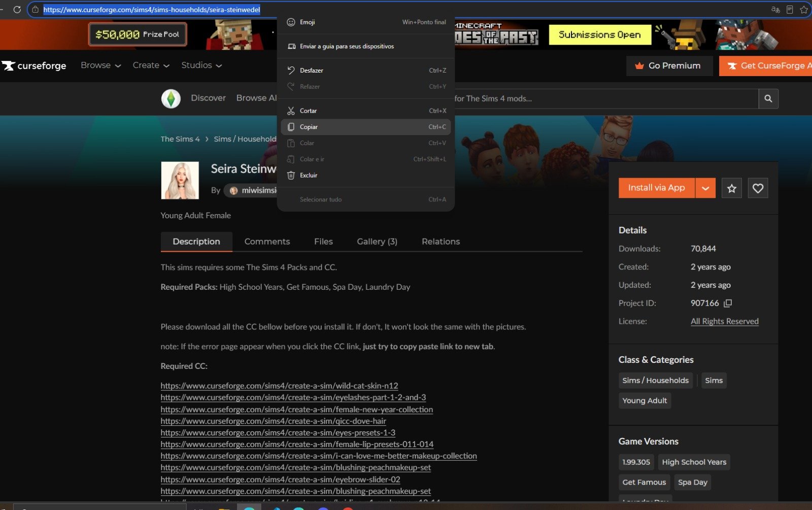 Copiando o link da página do mod no navegador